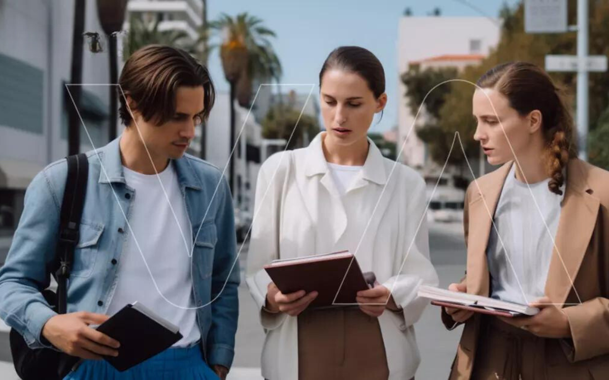 Tres personas mirando una libreta. Hollywoodzki scenariusz w fondo.