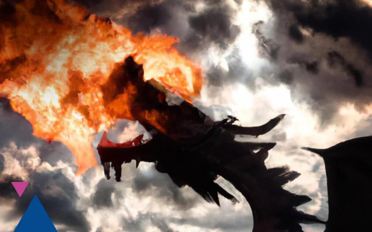 Un dragón tirando fuego con el cielo al fondo.