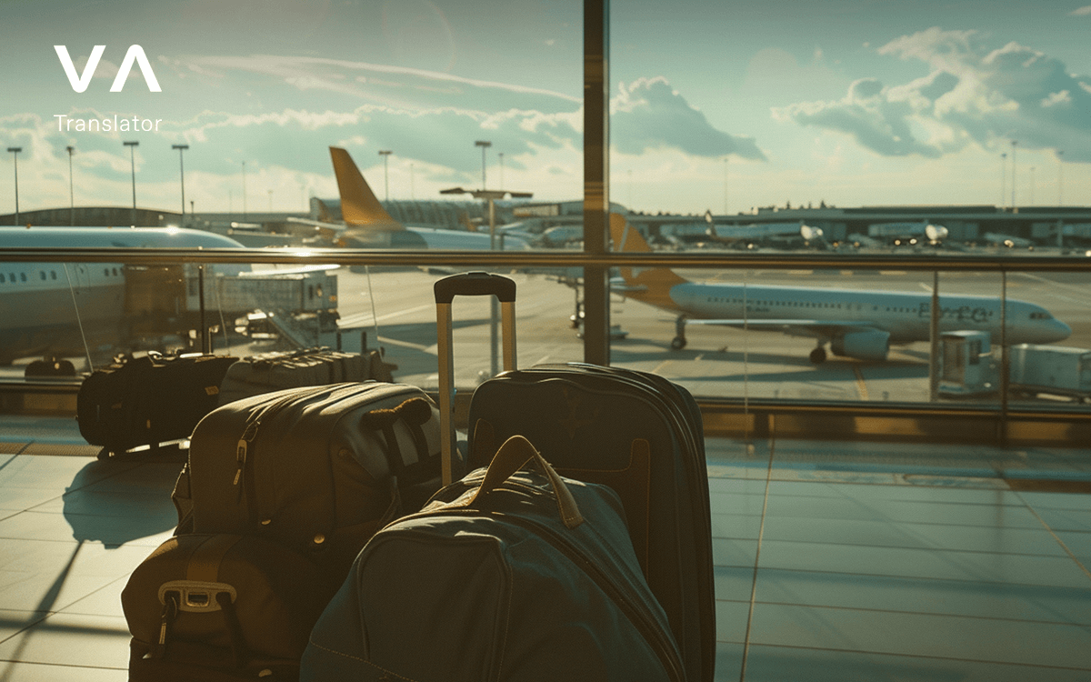 La vista del aeropuerto y las maletas de viaje.