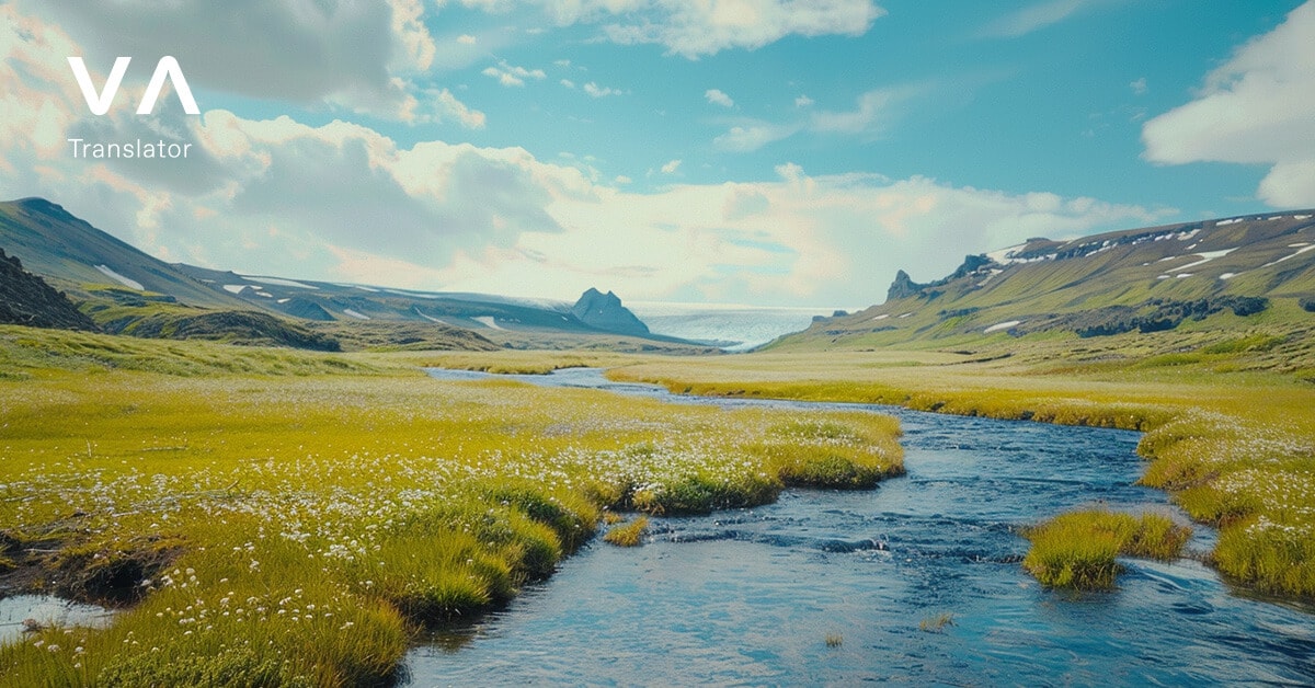 Una foto de un río fluyendo entre prados en Islandia