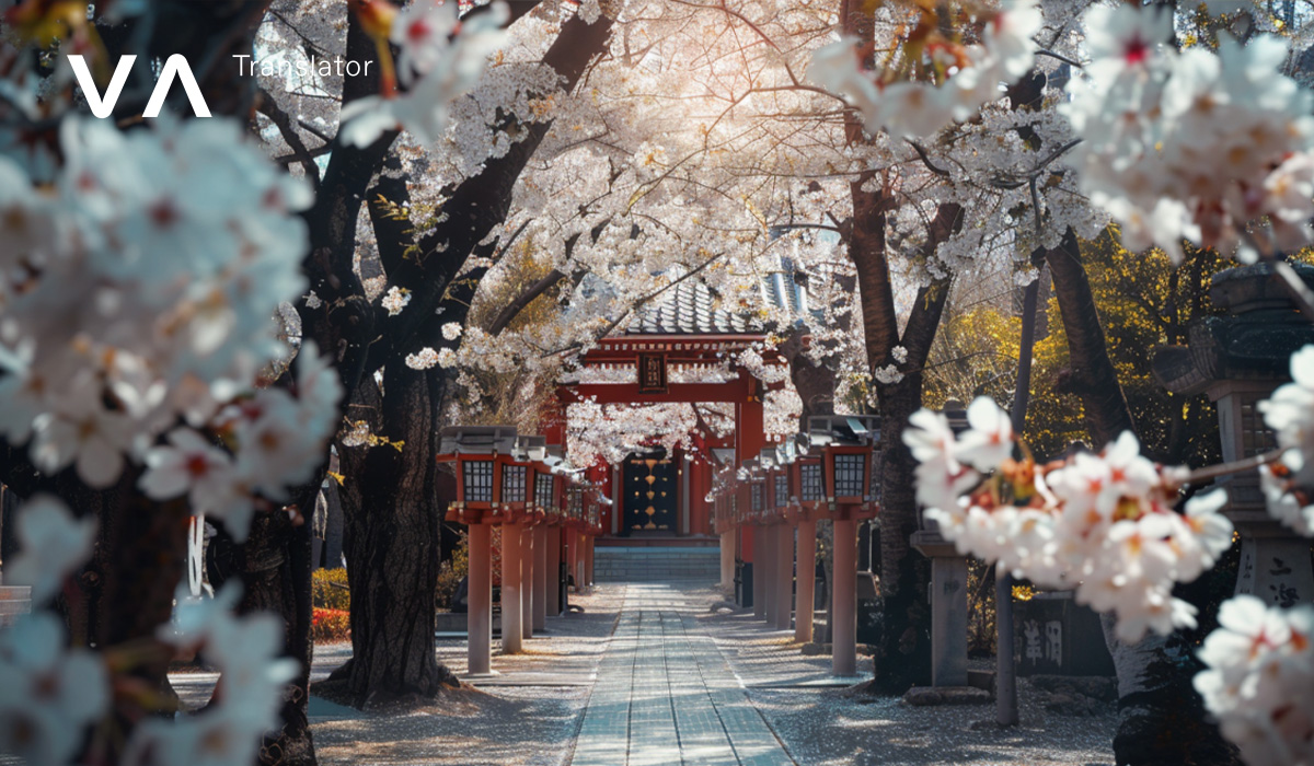 Un camino de cerezos en flor japonés tradicional.