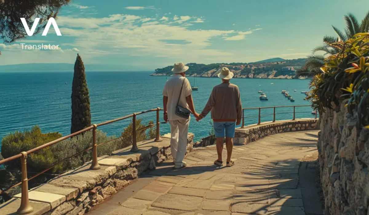 Pareja mayor dando un paseo junto al mar