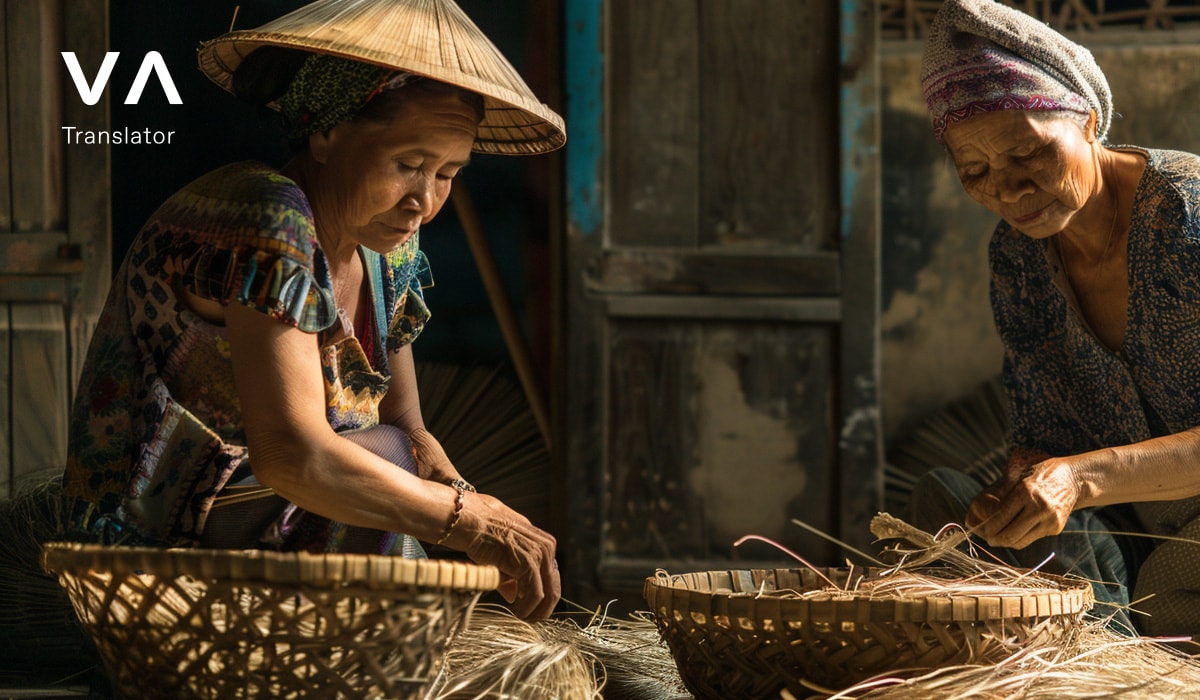 Dos mujeres trabajando con cestas en el interior, representando las vacaciones de Vietnam en octubre.