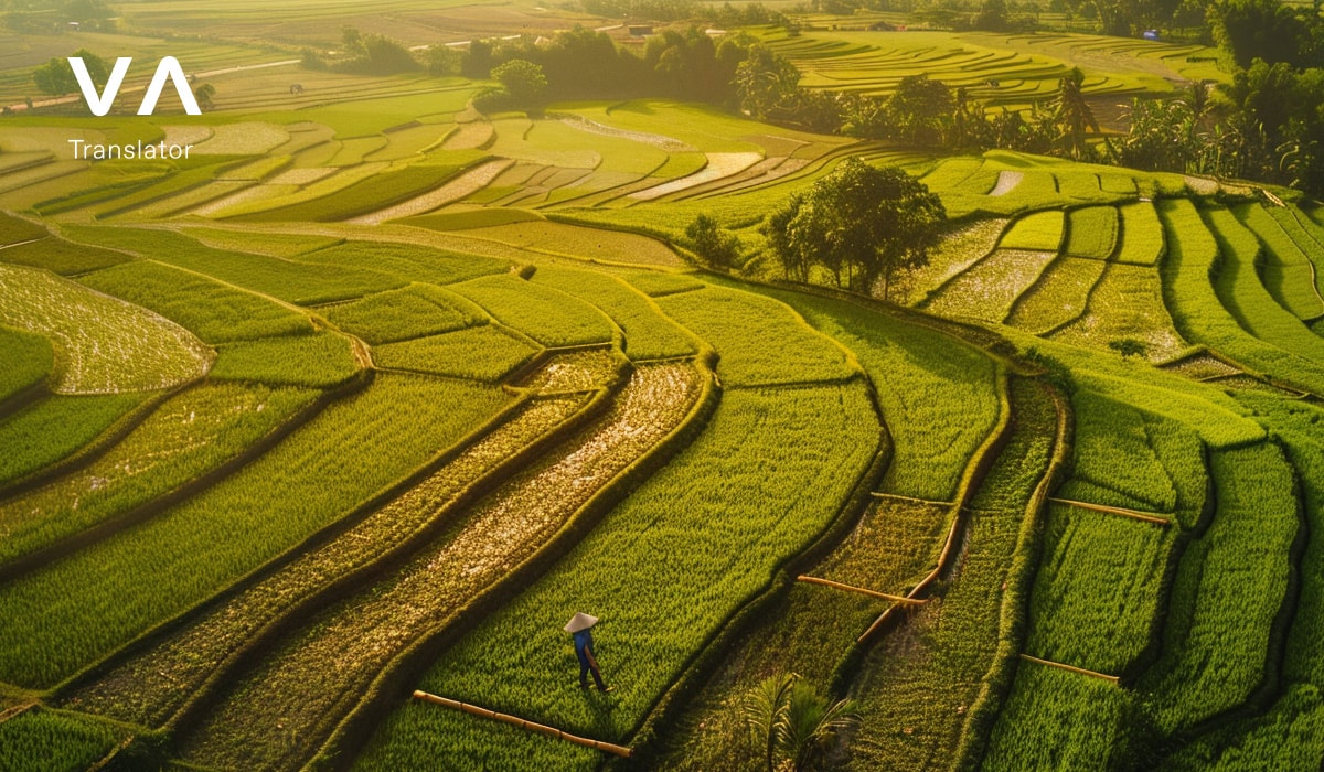 Amplias terrazas de arroz brillando bajo la luz del sol, sugiriendo un viaje a Vietnam en octubre.