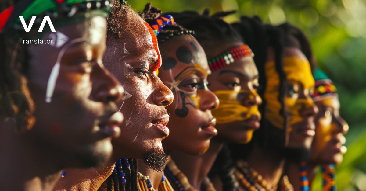 Un grupo de personas vistiendo un traje tradicional con una colorida pintura facial, de pie unos junto a otros y mirando en la misma dirección