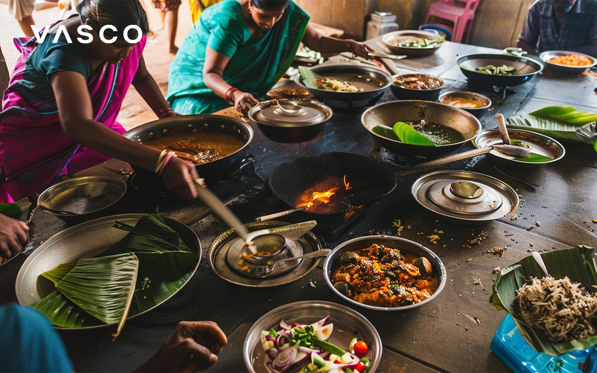 Una escena vibrante de cocina tradicional con diversos platos preparados al fuego.