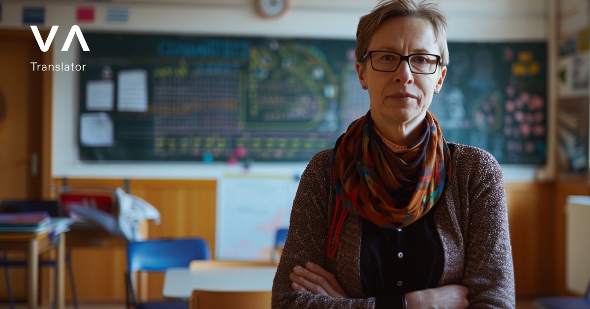 Una mujer profesional en un aula, de pie y con los brazos cruzados. Detrás de ella, una pizarra y la decoración del aula sugieren un entorno educativo.