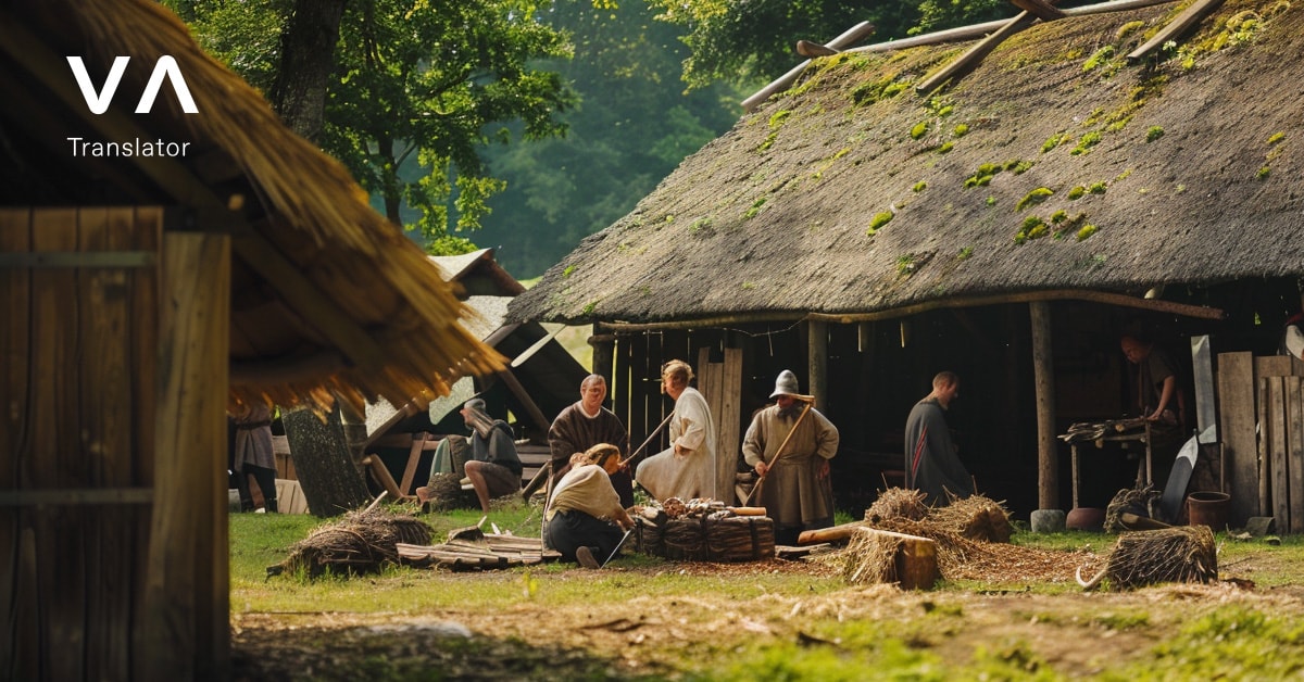  Una tranquila escena rural que muestra a unos aldeanos trabajando en torno a una casa con tejado de paja, rodeados de vegetación y herramientas. La imagen destaca la artesanía tradicional y la vida comunitaria.