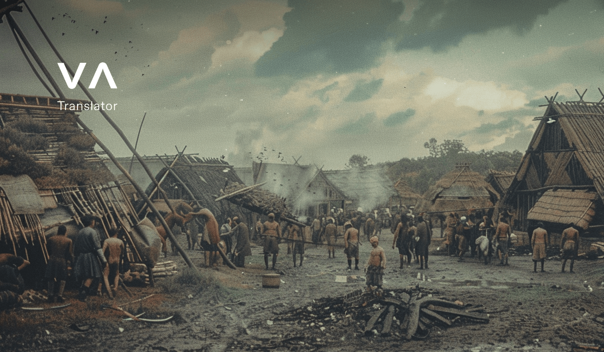 Una escena de un pueblo medieval con casas de techos de paja, aldeanos reunidos en un patio embarrado y humo que sale de las chimeneas bajo un cielo nublado. La imagen transmite una sensación de vida diaria rústica.