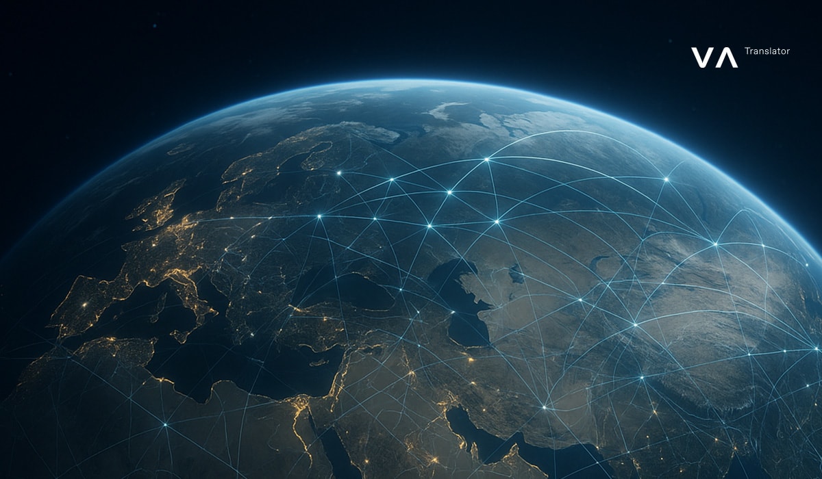 Una vista global de la Tierra con líneas de red iluminadas que simbolizan la cobertura y conectividad mundial del Traductor instantáneo VA.