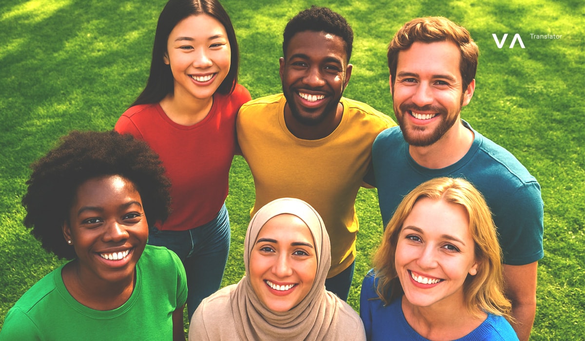 Un grupo diverso de personas sonrientes de diferentes culturas, unidas a través de una comunicación fluida con el Traductor de voz VA