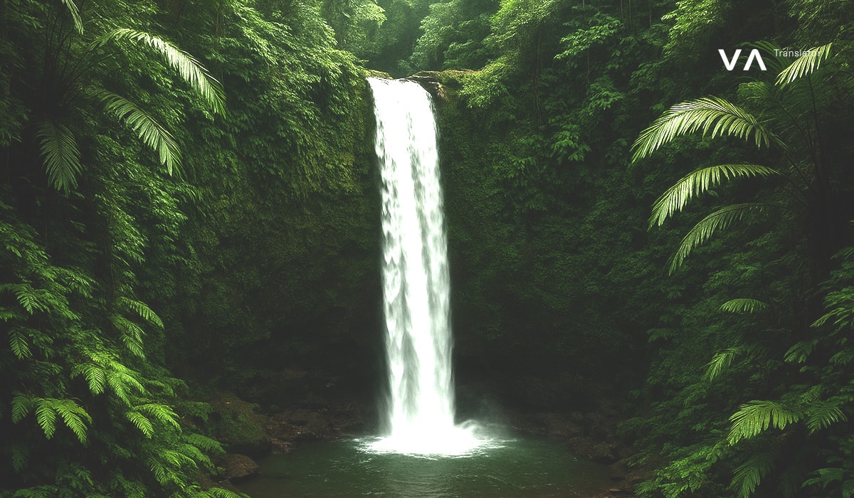 Una majestuosa cascada que cae en una serena piscina en medio de una densa y verde selva tropical.