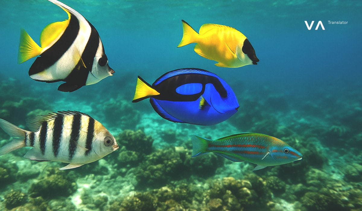 Coloridos peces tropicales, entre ellos un Tang Azul y un Ídolo Moro, nadando en el agua cristalina del océano sobre un arrecife de coral.