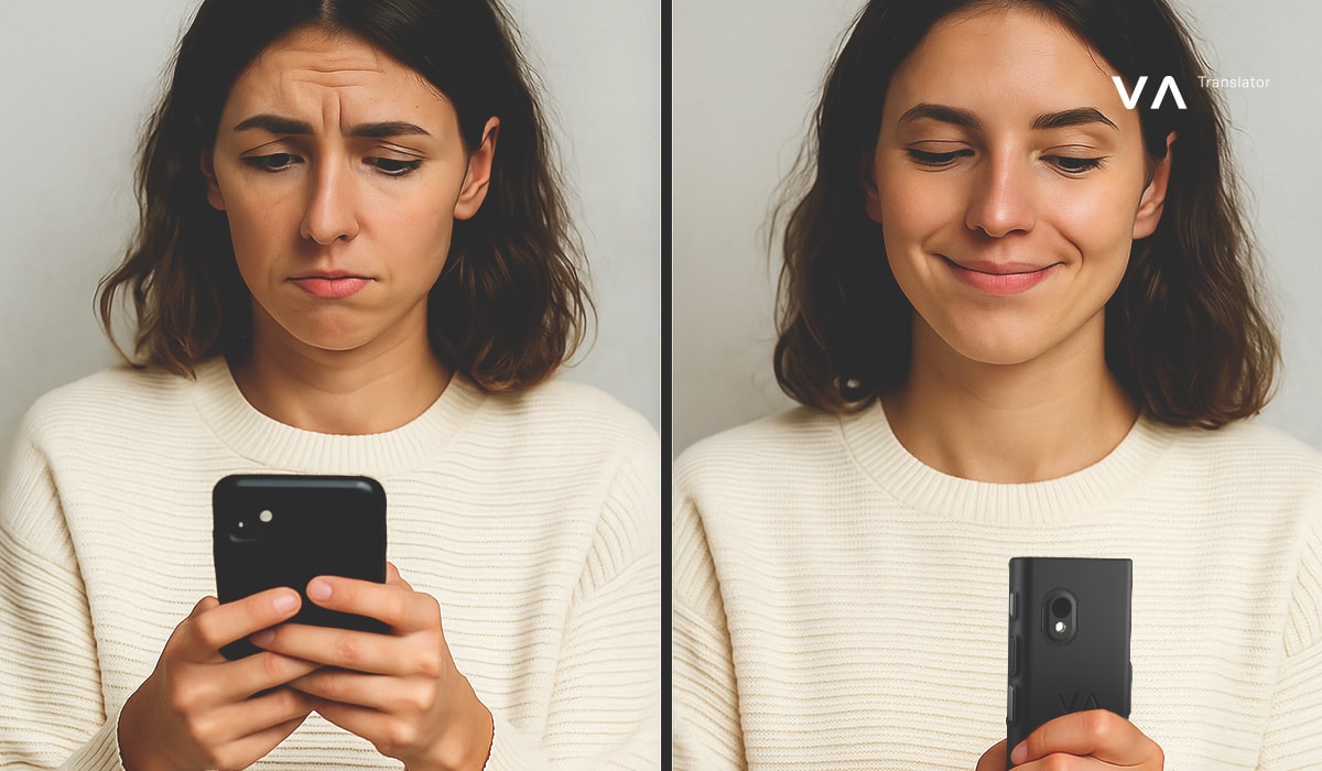 Una mujer compara la frustración que siente al usar una aplicación de traducción telefónica normal y la satisfacción que siente al usar un dispositivo de traducción