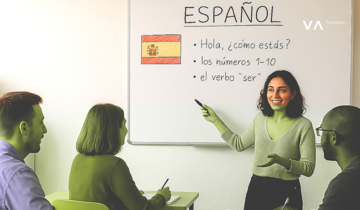 Mujer joven impartiendo una clase de español, señalando una pizarra con frases básicas en español escritas junto a una bandera española dibujada a mano.