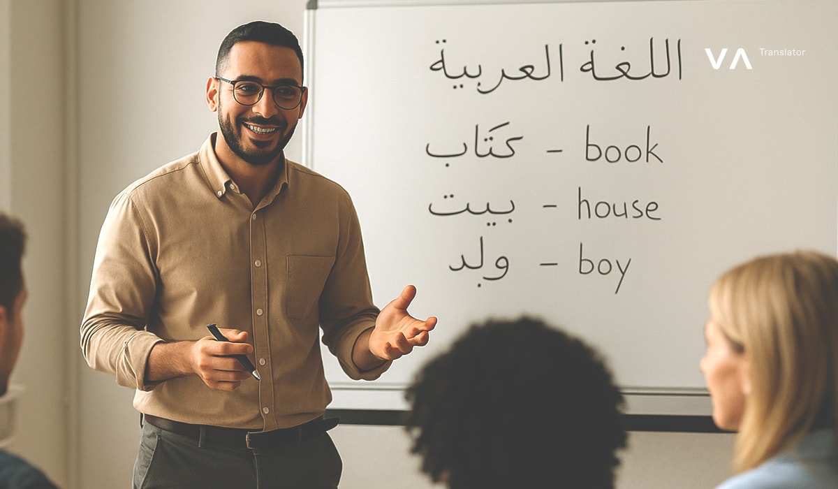 Escribe una frase corta Un profesor sonriente explica palabras árabes a sus alumnos delante de una pizarra en la que aparecen las palabras «book», «house» y «boy» en inglés.