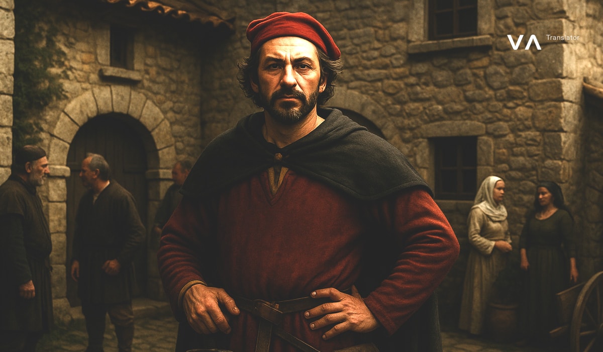 Hombre vestido con traje medieval, con boina roja y capa, de pie frente a edificios de piedra, con otras personas vestidas con trajes históricos cerca.