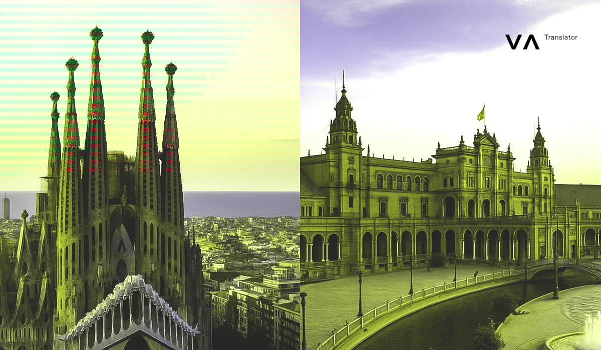 Imagen dividida que muestra la Sagrada Familia de Barcelona a la izquierda y la Plaza de España de Sevilla a la derecha, resaltando los contrastes arquitectónicos entre Cataluña y Andalucía.