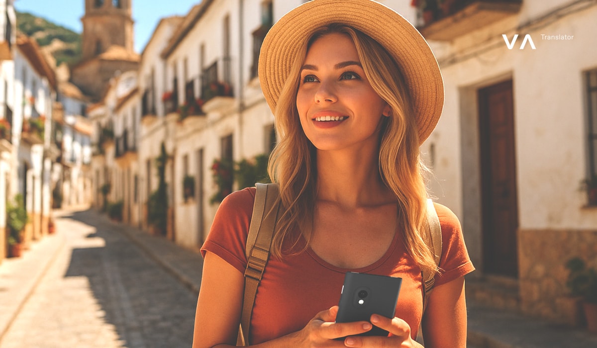 Turista sonriente caminando por una estrecha calle española con edificios blancos, sosteniendo un dispositivo de traducción y llevando un sombrero de paja y una mochila.