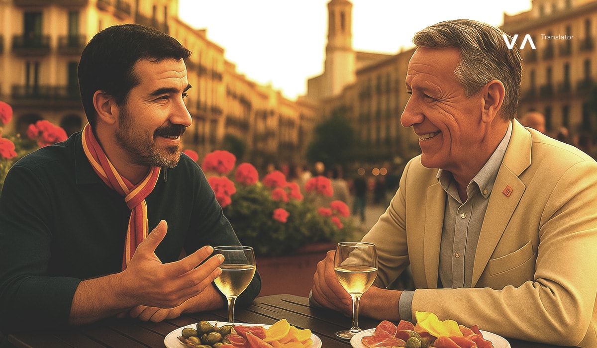 Dos hombres disfrutando de unas bebidas y tapas en una cafetería al aire libre en una plaza española, conversando con flores y arquitectura de fondo.