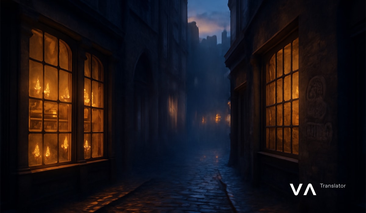 Calle estrecha con escaparates iluminados, que recuerda al Callejón Diagon.