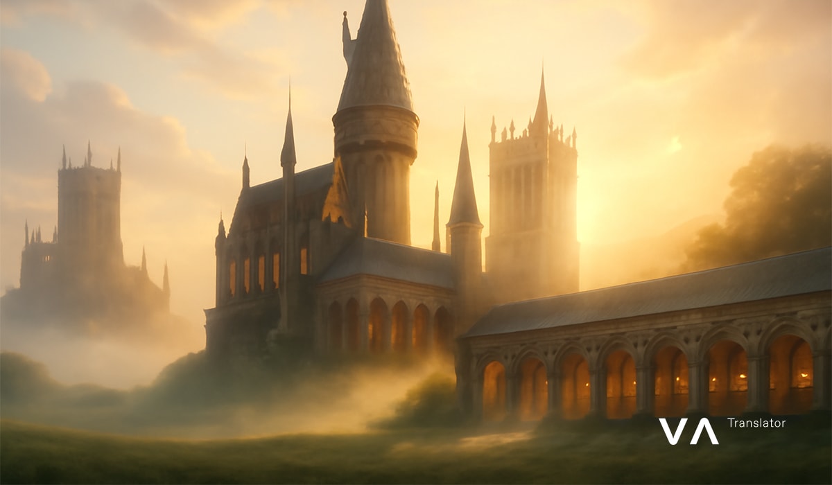 Castillo al estilo Hogwarts al amanecer, rodeado de niebla y luz dorada.