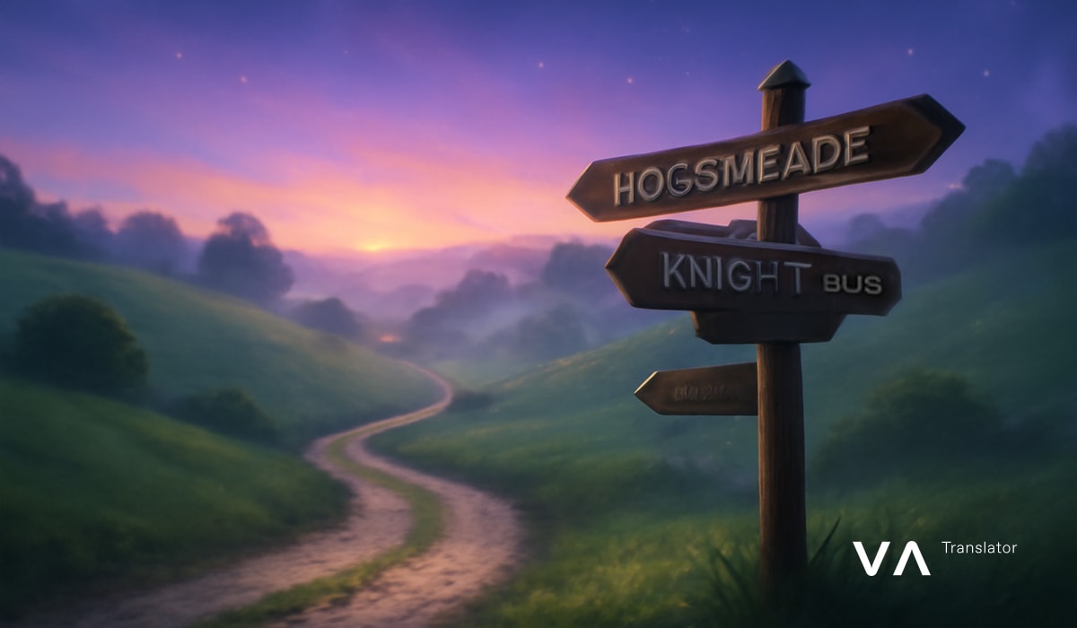 Señal de madera en un camino rural que indica Hogsmeade y el Autobús Noctámbulo.