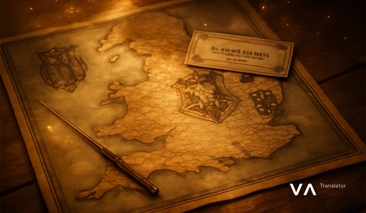 Mapa de pergamino de Gran Bretaña con escudos de escuelas de magia y una varita.