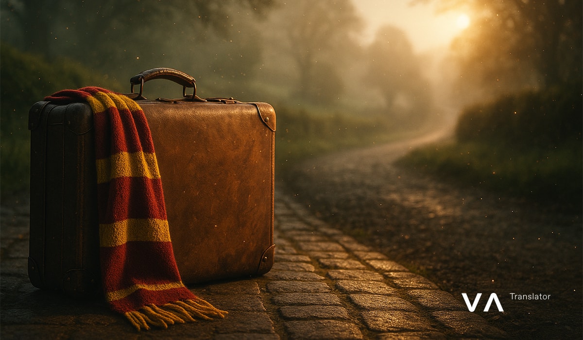 ​Maleta antigua con una bufanda de Gryffindor en una calle empedrada al amanecer.