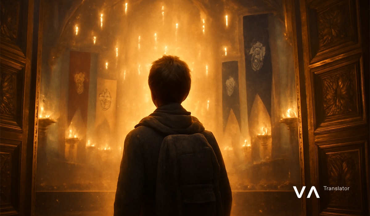 Niño con mochila entrando en un salón lleno de velas y estandartes de las casas de Hogwarts.