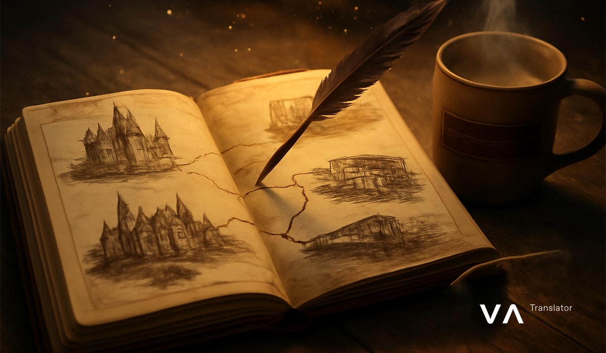 Libro abierto con dibujos de un castillo y una pluma flotando sobre la página.