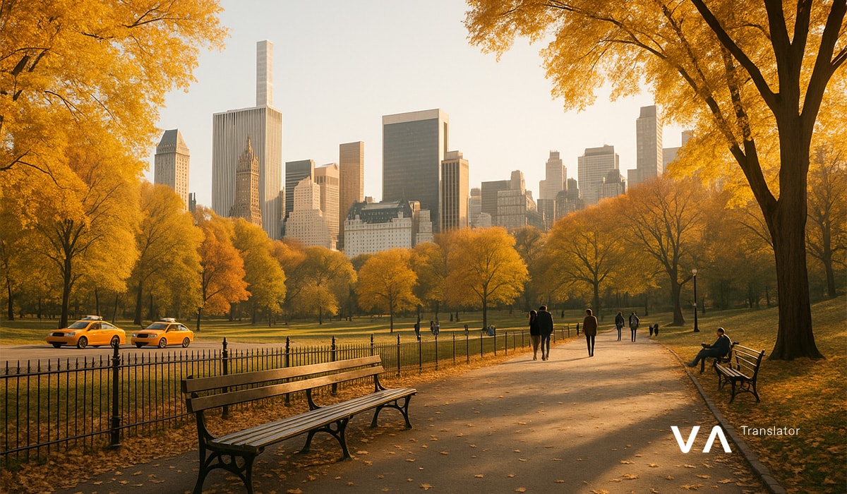 Central Park en Nueva York con hojas amarillas y vistas al horizonte.