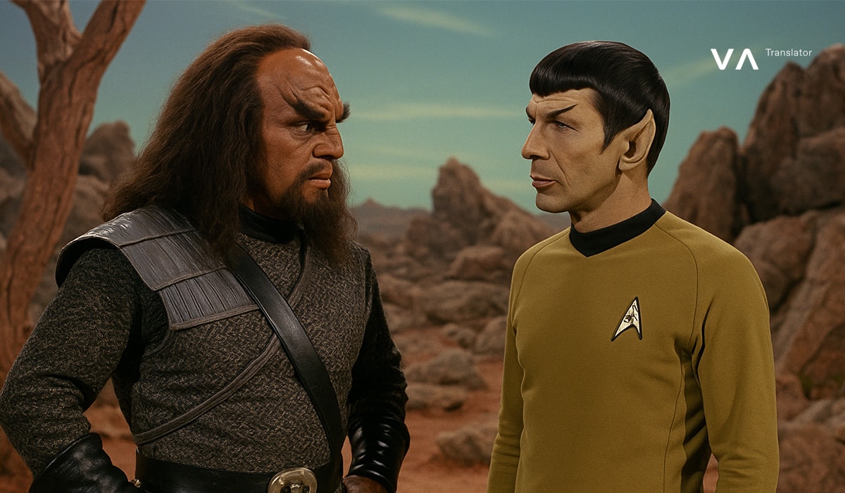 Dos oficiales conversando en un planeta rocoso.