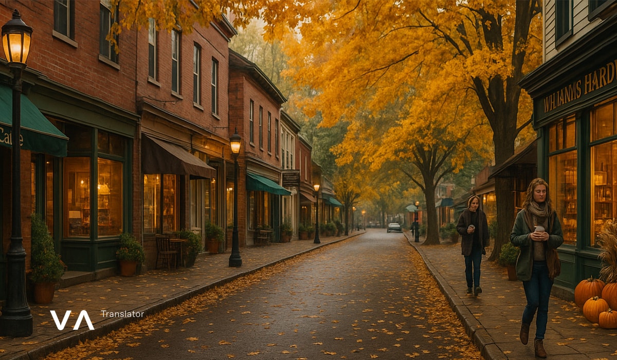 Pequeña y acogedora calle de pueblo llena de tiendas y árboles otoñales dorados.