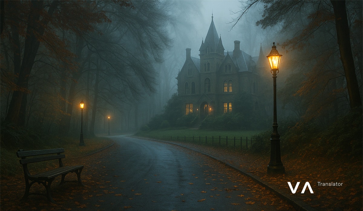 Sendero brumoso que conduce a una antigua casa gótica en un bosque otoñal.