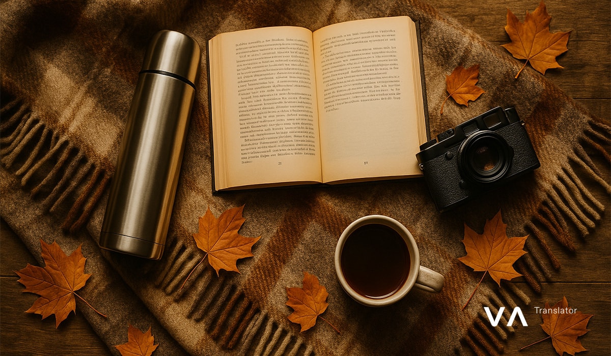 Acogedora composición otoñal con un libro, una cámara, un termo y una taza de té.