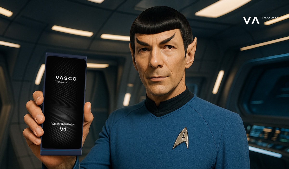 Agente con uniforme azul sosteniendo un Vasco Translator V4.