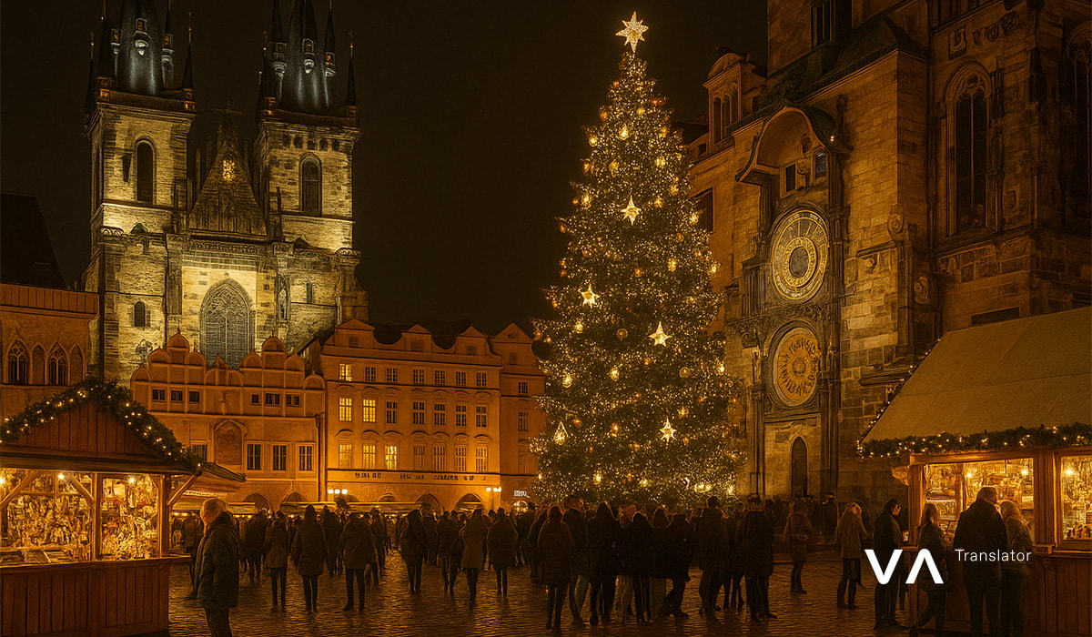 Mercado navideño de Praga con un gran árbol y el reloj astronómico.