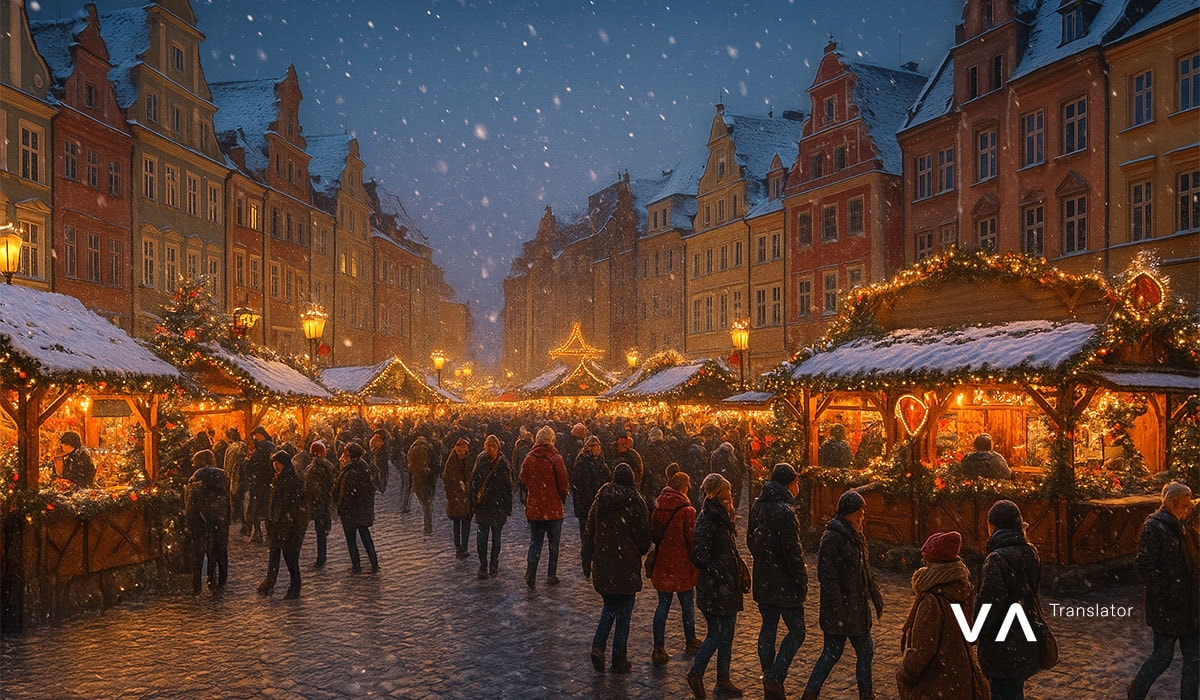 Mercado navideño en un casco antiguo nevado de Polonia.