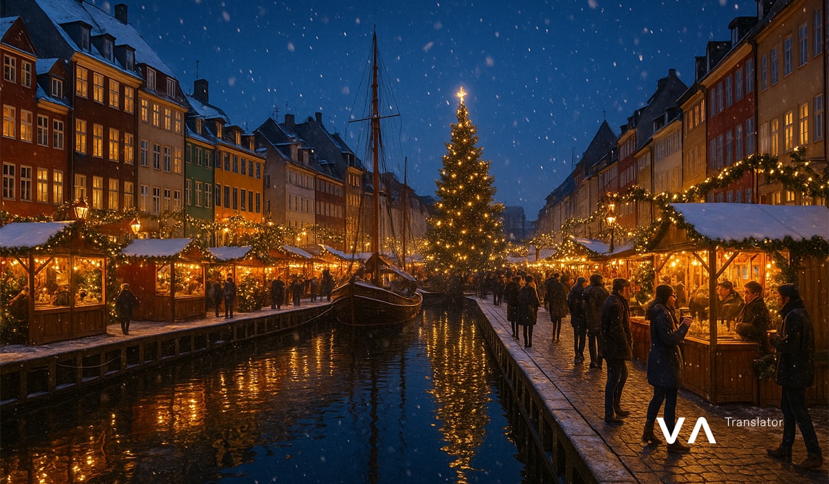 Mercado navideño de Copenhague a lo largo del canal Nyhavn con un gran árbol festivo.