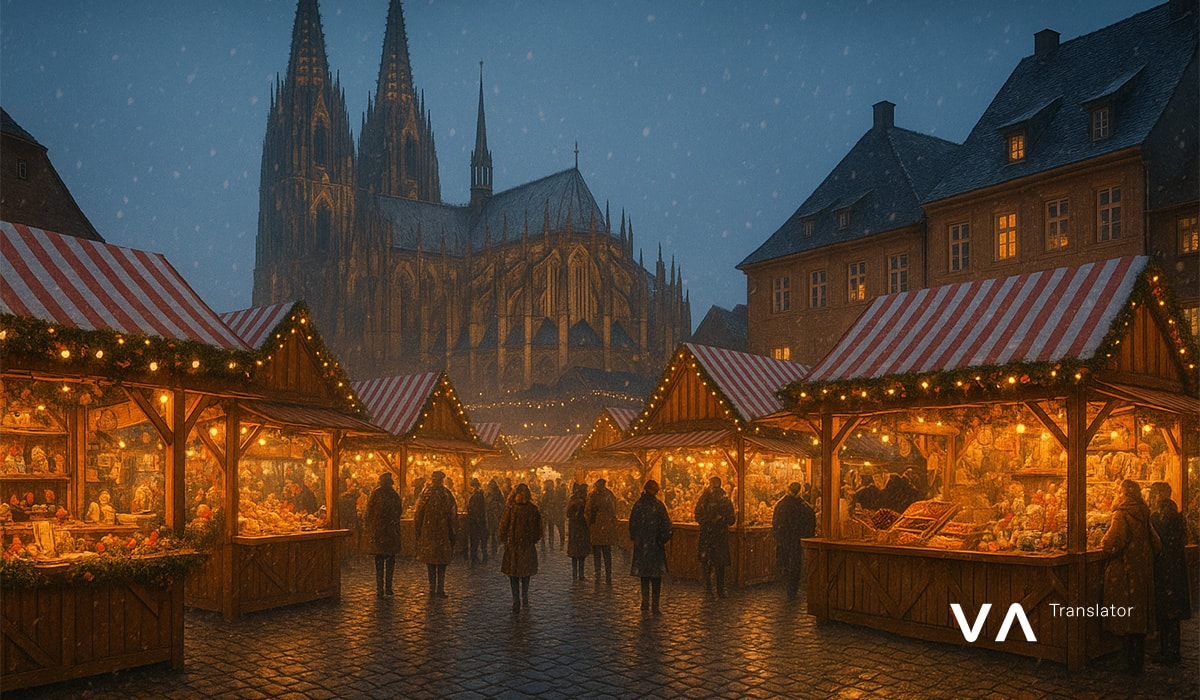 Mercado navideño alemán con puestos de madera y una catedral gótica como telón de fondo.