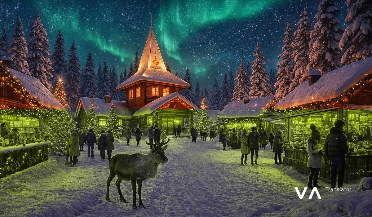 Mercado navideño finlandés con cabañas de madera, renos y auroras boreales.