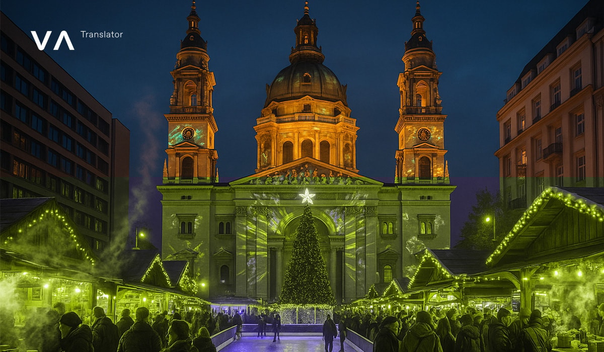 Mercado navideño de Budapest frente a la basílica de San Esteban con un árbol iluminado.