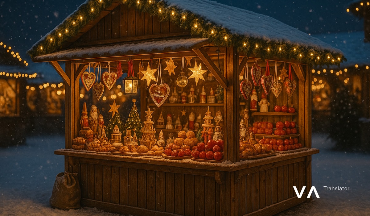 ebf02668-032d-47cd-89dd-9298a040d530 Puesto festivo de mercado navideño con adornos y productos horneados en una tarde nevada.