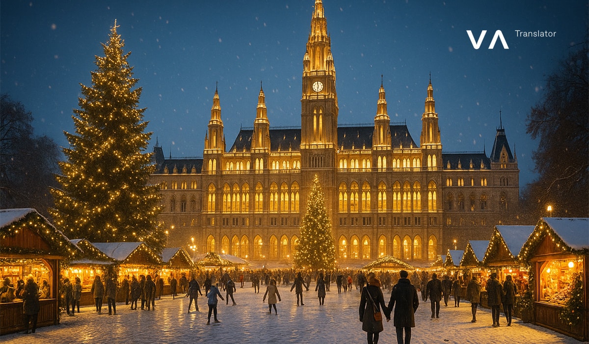 Mercado navideño de Viena frente al ayuntamiento iluminado.