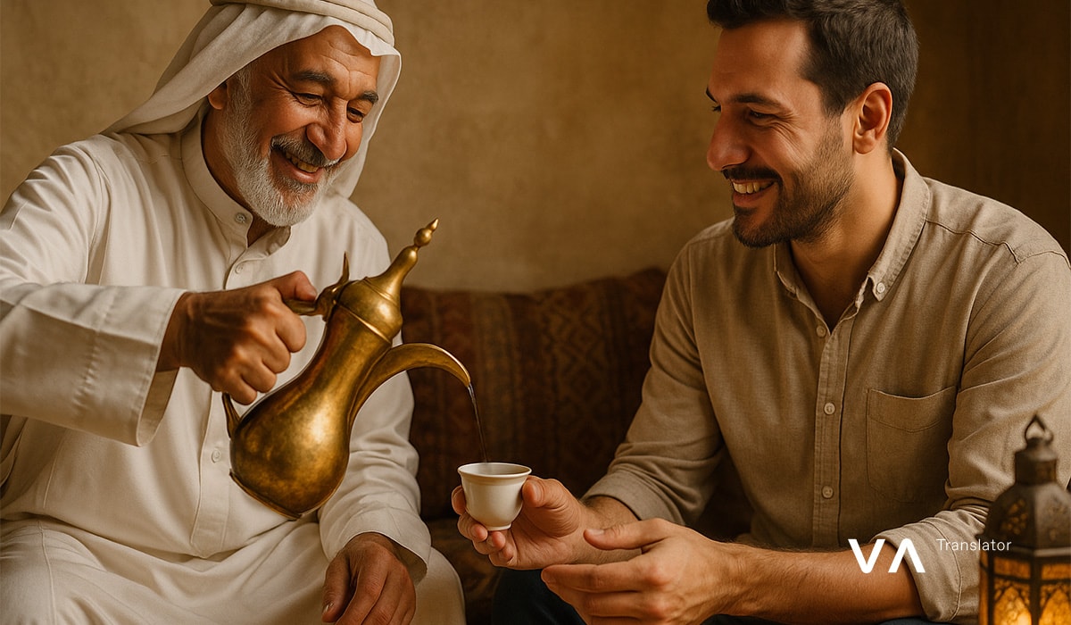 Dos hombres compartiendo una bebida tradicional durante una reunión amistosa en un espacio interior.