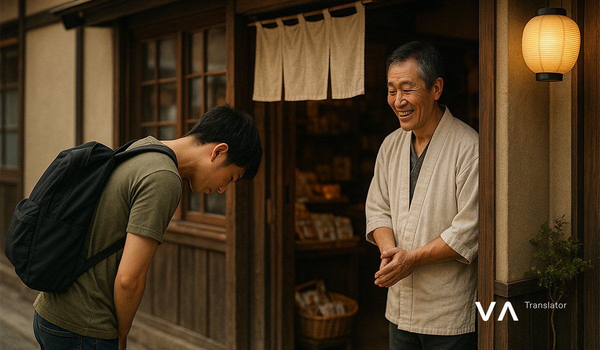 Un joven hace una reverencia cortés mientras saluda a un hombre mayor en la entrada de una tienda.