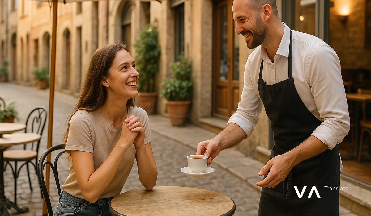 Waiter serving coffee to a woman sitting at an outdoor café table