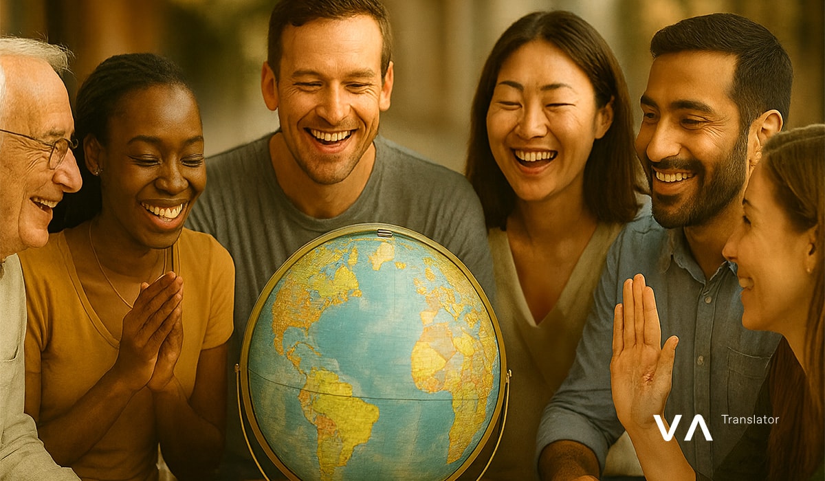 Grupo diverso de personas sosteniendo carteles de agradecimiento en diferentes idiomas y sonriendo.