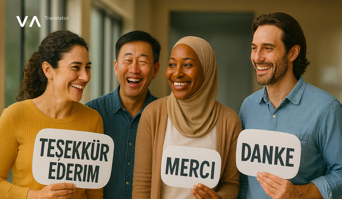 Grupo de personas de diferentes culturas sonriendo y mirando un globo terráqueo juntos.
